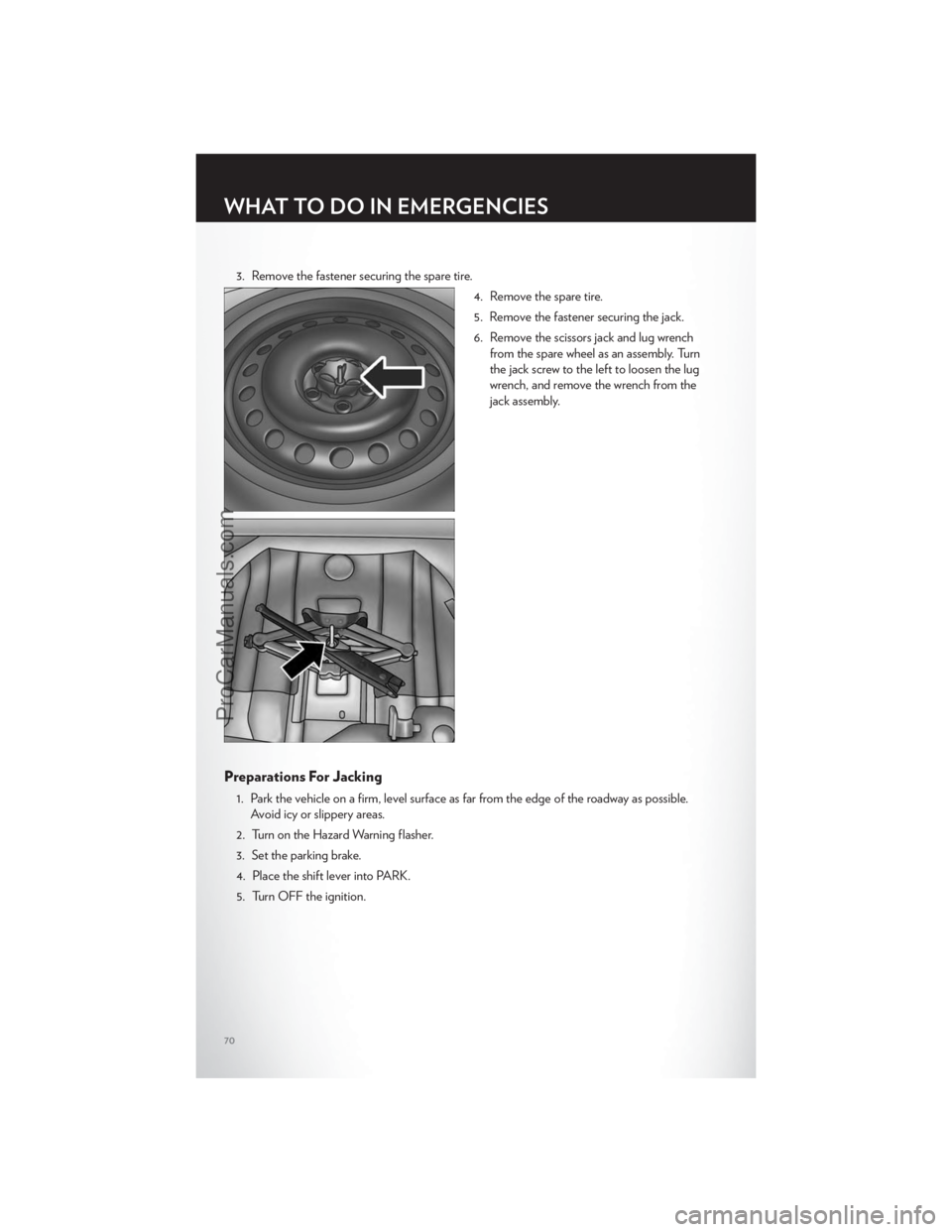 CHRYSLER 300 S 2012 Manual PDF 3. Remove the fastener securing the spare tire.4. Remove the spare tire.
5. Remove the fastener securing the jack.
6. Remove the scissors jack and lug wrenchfrom the spare wheel as an assembly. Turn
t CHRYSLER 300 S 2012 Manual PDF 3. Remove the fastener securing the spare tire.4. Remove the spare tire.
5. Remove the fastener securing the jack.
6. Remove the scissors jack and lug wrenchfrom the spare wheel as an assembly. Turn
t