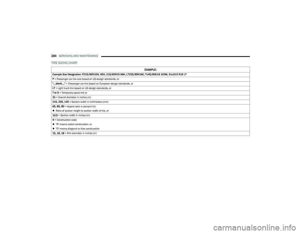 CHRYSLER PACIFICA 2023  Owners Manual 
284SERVICING AND MAINTENANCE  
TIRE SIZING CHART 
EXAMPLE:
Example Size Designation: P215/65R15XL 95H, 215/65R15 96H, LT235/85R16C, T145/80D18 103M, 31x10.5 R15 LT
P = Passenger car tire size based o