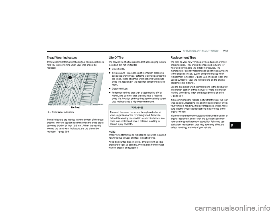 CHRYSLER PACIFICA 2023 Owners Manual
SERVICING AND MAINTENANCE293
Tread Wear Indicators
Tread wear indicators are in the original equipment tires to
help you in determining when your tires should be
replaced.
Tire Tread
These indic CHRYSLER PACIFICA 2023 Owners Manual
SERVICING AND MAINTENANCE293
Tread Wear Indicators
Tread wear indicators are in the original equipment tires to
help you in determining when your tires should be
replaced.
Tire Tread
These indic