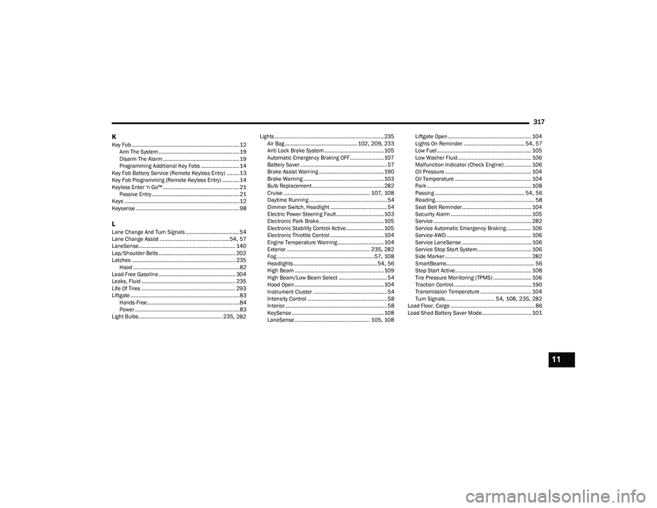 CHRYSLER PACIFICA 2023  Owners Manual 
317
K
Key Fob ............................................................................12 Arm The System .........................................................19
Disarm The Alarm ..............