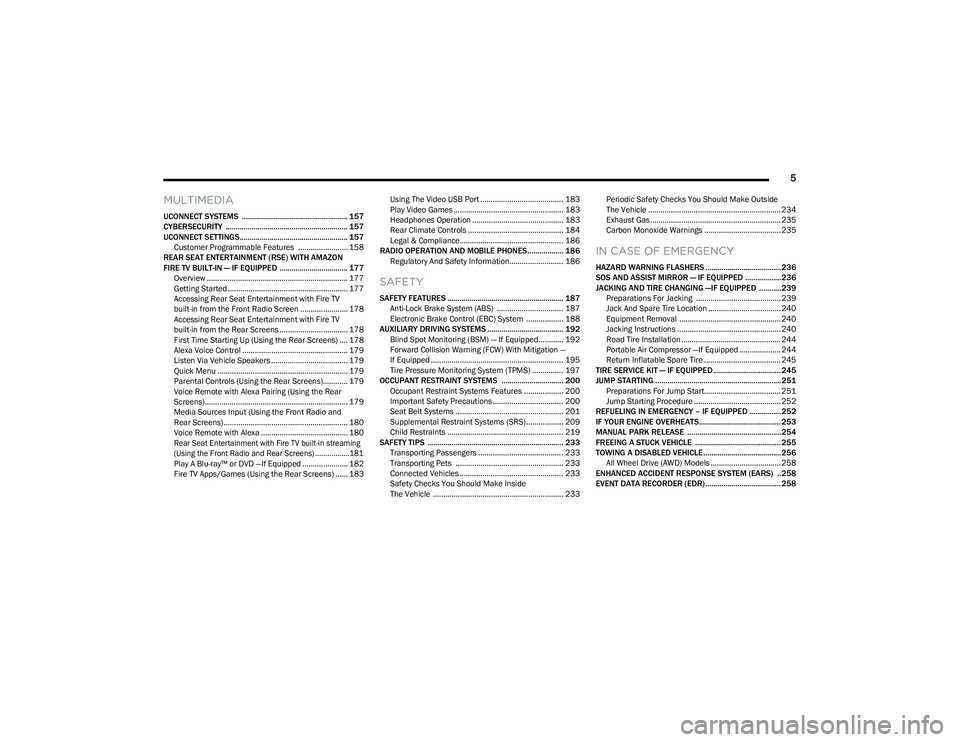 CHRYSLER PACIFICA 2023  Owners Manual 
5
MULTIMEDIA
UCONNECT SYSTEMS  ..................................................... 157
CYBERSECURITY  ............................................................. 157
UCONNECT SETTINGS............