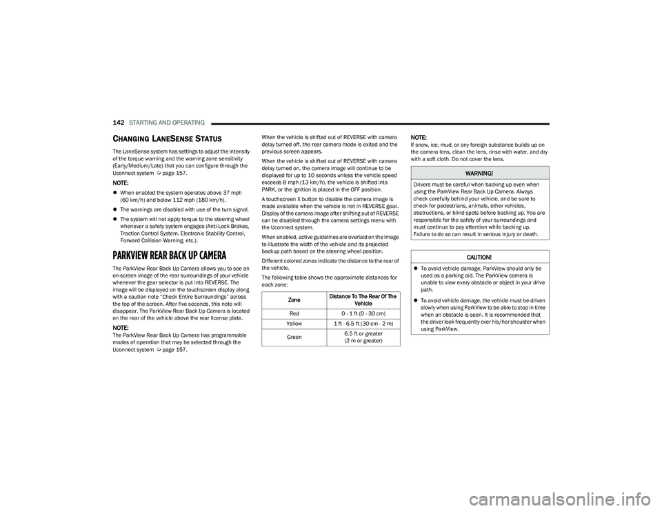 CHRYSLER PACIFICA HYBRID 2023 Owners Manual
142STARTING AND OPERATING
CHANGING LANESENSE STATUS
The LaneSense system has settings to adjust the intensity
of the torque warning and the warning zone sensitivity
(Early/Medium/Late) that you c CHRYSLER PACIFICA HYBRID 2023 Owners Manual
142STARTING AND OPERATING
CHANGING LANESENSE STATUS
The LaneSense system has settings to adjust the intensity
of the torque warning and the warning zone sensitivity
(Early/Medium/Late) that you c