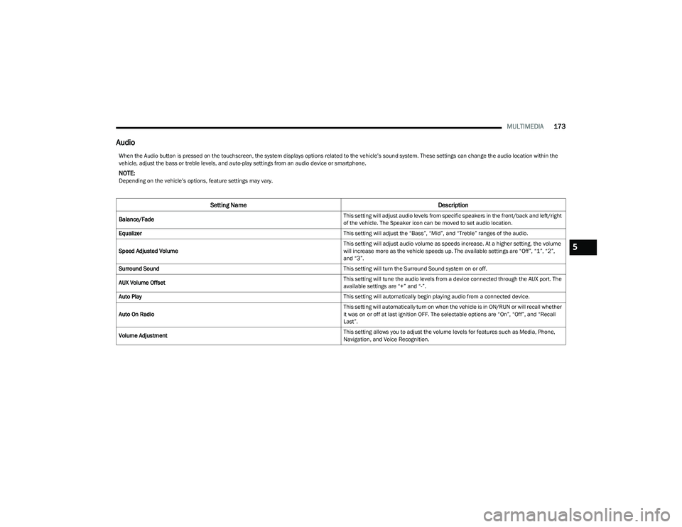 CHRYSLER PACIFICA HYBRID 2023  Owners Manual 
MULTIMEDIA173
Audio
When the Audio button is pressed on the touchscreen, the system displays options related to the vehicle’s sound system. These settings can change the audio location within the 
