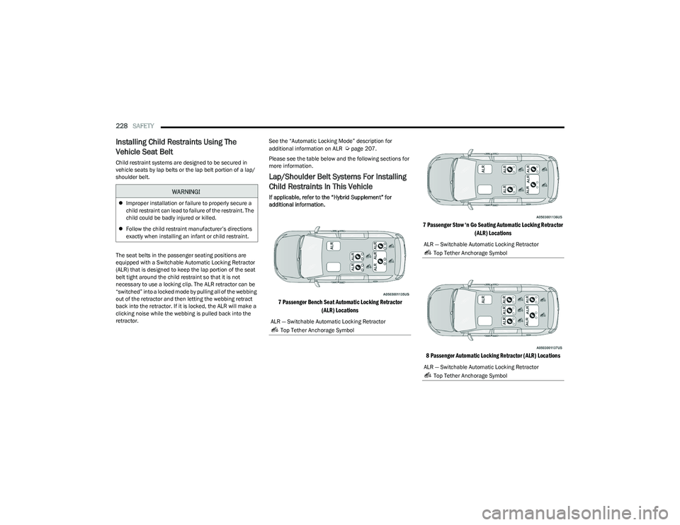 CHRYSLER PACIFICA HYBRID 2023 Owners Manual
228SAFETY
Installing Child Restraints Using The
Vehicle Seat Belt
Child restraint systems are designed to be secured in
vehicle seats by lap belts or the lap belt portion of a lap/
shoulder belt. CHRYSLER PACIFICA HYBRID 2023 Owners Manual
228SAFETY
Installing Child Restraints Using The
Vehicle Seat Belt
Child restraint systems are designed to be secured in
vehicle seats by lap belts or the lap belt portion of a lap/
shoulder belt.