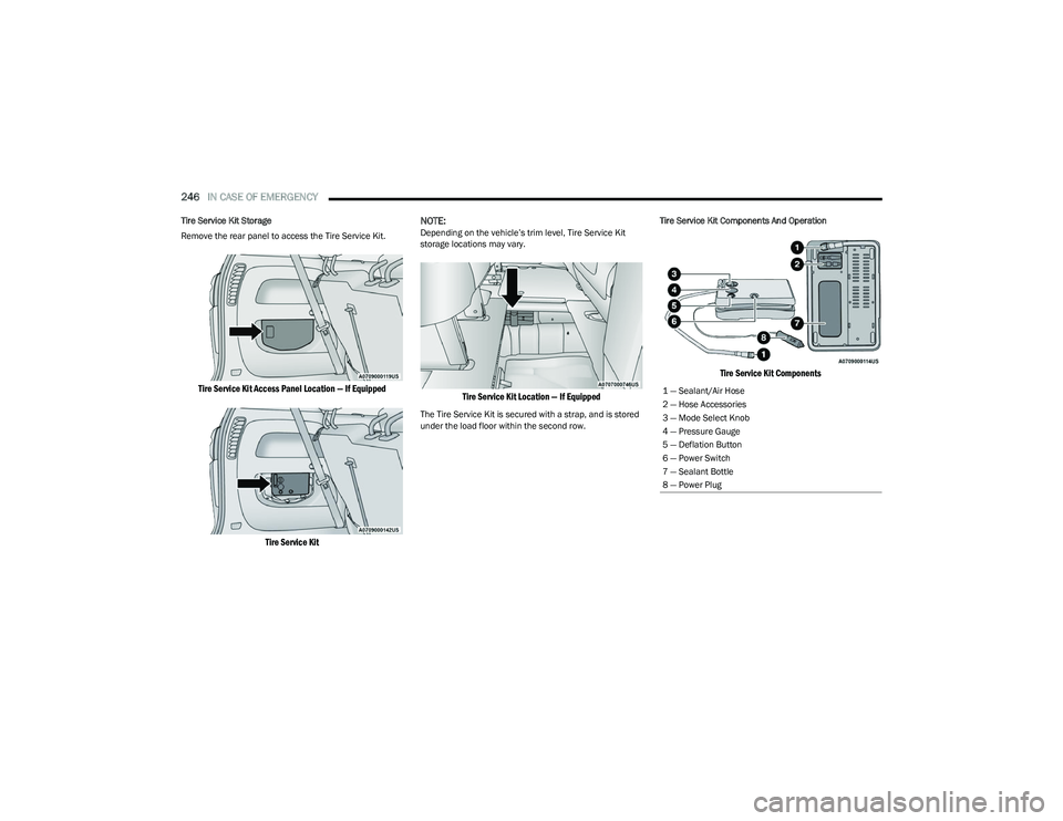 CHRYSLER PACIFICA HYBRID 2023 Owners Manual
246IN CASE OF EMERGENCY
Tire Service Kit Storage
Remove the rear panel to access the Tire Service Kit.
Tire Service Kit Access Panel Location — If Equipped
Tire Service Kit
NOTE:
Depending on t CHRYSLER PACIFICA HYBRID 2023 Owners Manual
246IN CASE OF EMERGENCY
Tire Service Kit Storage
Remove the rear panel to access the Tire Service Kit.
Tire Service Kit Access Panel Location — If Equipped
Tire Service Kit
NOTE:
Depending on t