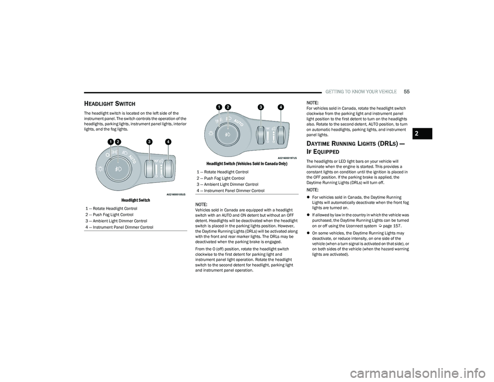 CHRYSLER PACIFICA HYBRID 2023 Workshop Manual
GETTING TO KNOW YOUR VEHICLE55
HEADLIGHT SWITCH
The headlight switch is located on the left side of the
instrument panel. The switch controls the operation of the
headlights, parking lights, instru CHRYSLER PACIFICA HYBRID 2023 Workshop Manual
GETTING TO KNOW YOUR VEHICLE55
HEADLIGHT SWITCH
The headlight switch is located on the left side of the
instrument panel. The switch controls the operation of the
headlights, parking lights, instru