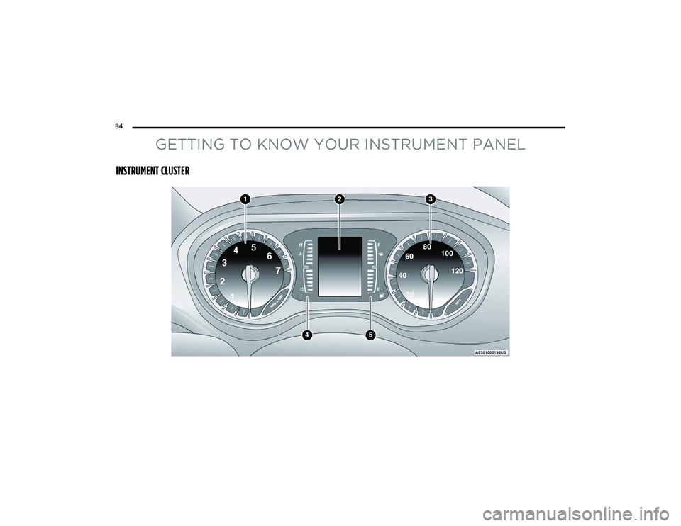 CHRYSLER PACIFICA HYBRID 2023 Owners Manual
94
GETTING TO KNOW YOUR INSTRUMENT PANEL
INSTRUMENT CLUSTER
23_RUP_OM_EN_USC_t.book Page 94 CHRYSLER PACIFICA HYBRID 2023 Owners Manual
94
GETTING TO KNOW YOUR INSTRUMENT PANEL
INSTRUMENT CLUSTER
23_RUP_OM_EN_USC_t.book Page 94