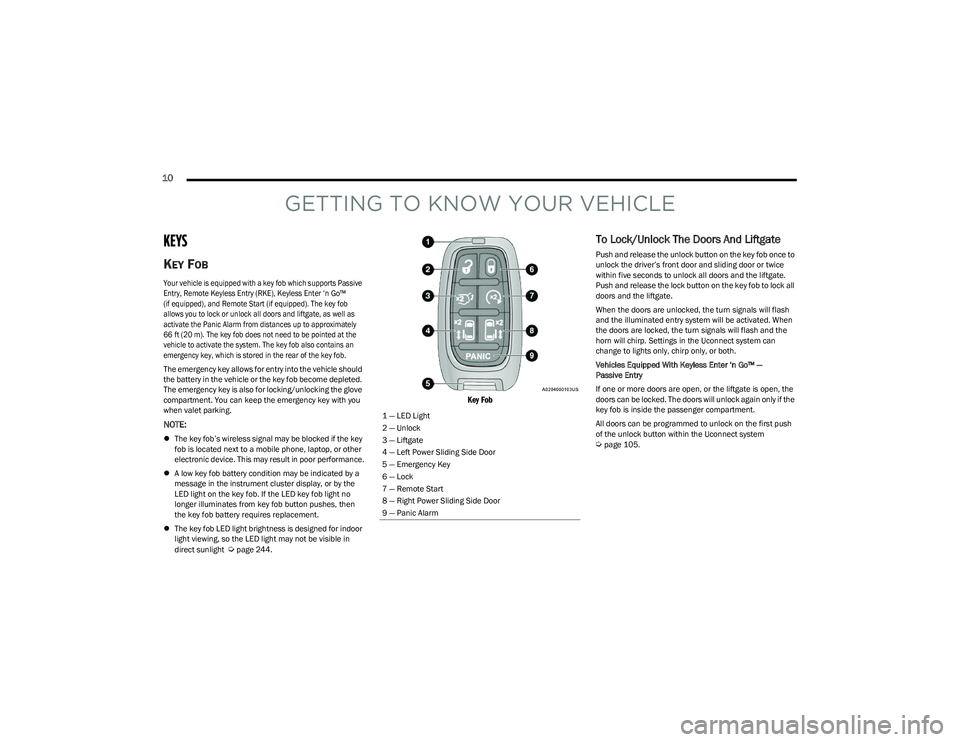 CHRYSLER VOYAGER 2023  Owners Manual 
10  
GETTING TO KNOW YOUR VEHICLE
KEYS 
KEY FOB

Your vehicle is equipped with a key fob which supports Passive 
Entry, Remote Keyless Entry (RKE), Keyless Enter ‘n Go™ 
(if equipped), and Remote