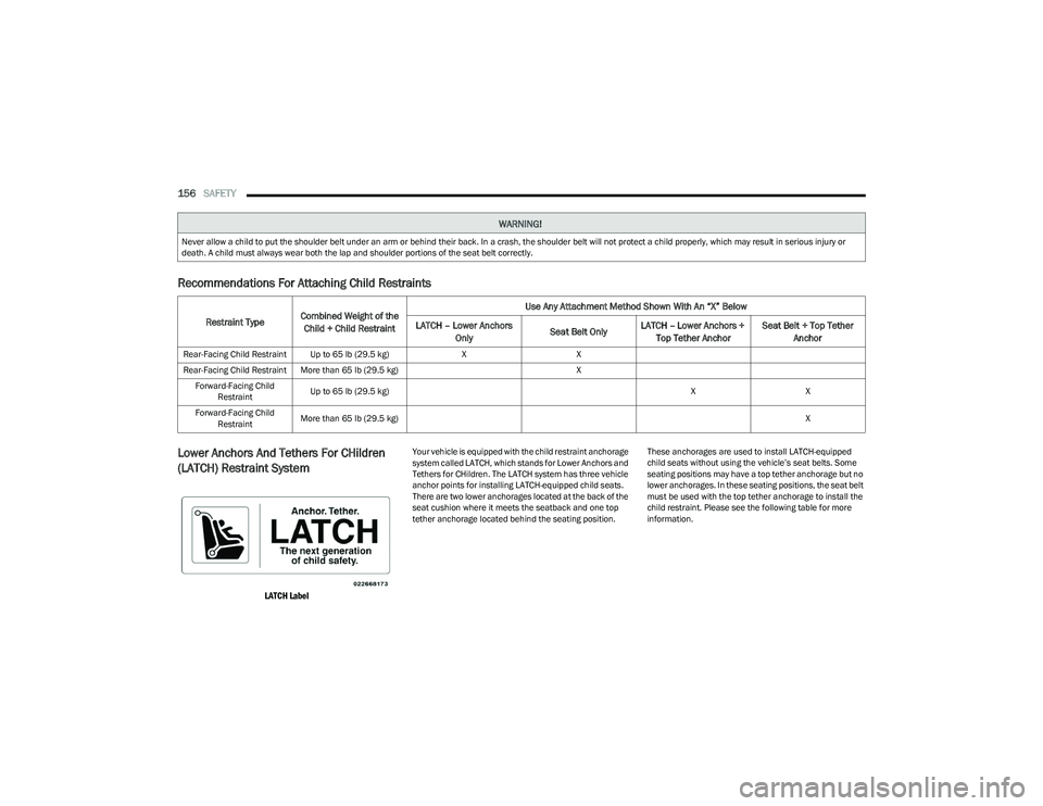 CHRYSLER VOYAGER 2023 Owners Manual
156SAFETY
Recommendations For Attaching Child Restraints
Lower Anchors And Tethers For CHildren
(LATCH) Restraint System
LATCH Label
Your vehicle is equipped with the child restraint anchorage CHRYSLER VOYAGER 2023 Owners Manual
156SAFETY
Recommendations For Attaching Child Restraints
Lower Anchors And Tethers For CHildren
(LATCH) Restraint System
LATCH Label
Your vehicle is equipped with the child restraint anchorage
