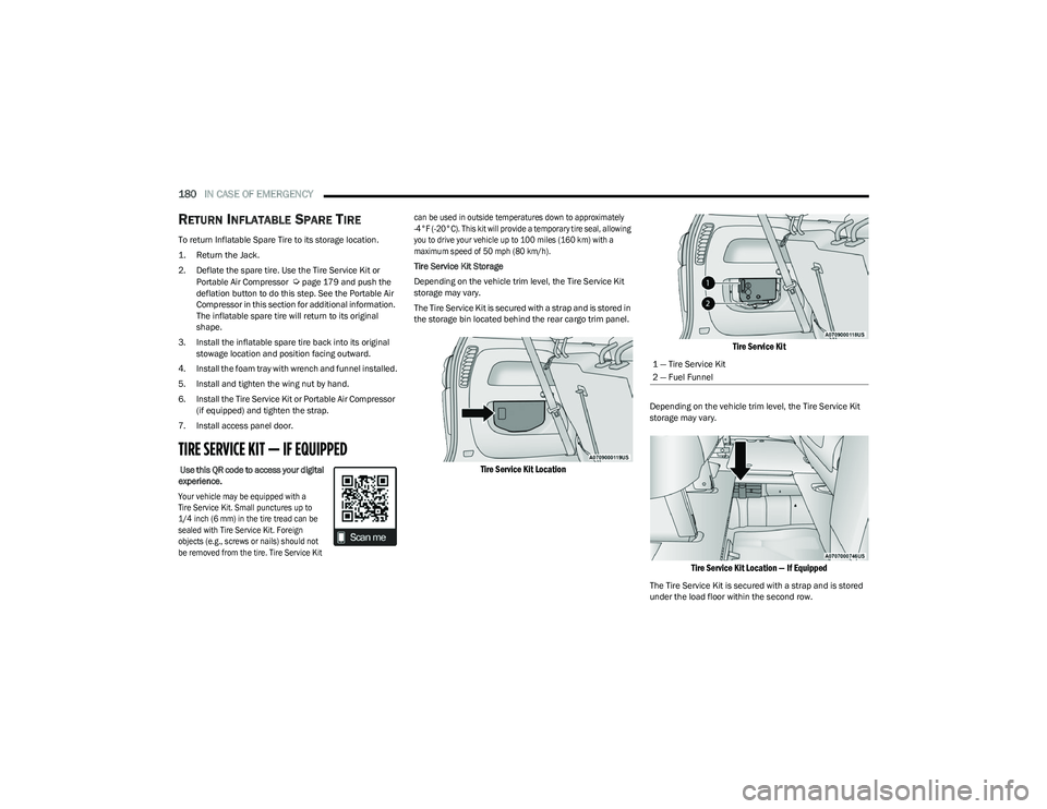 CHRYSLER VOYAGER 2023 Owners Manual
180IN CASE OF EMERGENCY
RETURN INFLATABLE SPARE TIRE
To return Inflatable Spare Tire to its storage location.
1. Return the Jack.
2. Deflate the spare tire. Use the Tire Service Kit or
Portabl CHRYSLER VOYAGER 2023 Owners Manual
180IN CASE OF EMERGENCY
RETURN INFLATABLE SPARE TIRE
To return Inflatable Spare Tire to its storage location.
1. Return the Jack.
2. Deflate the spare tire. Use the Tire Service Kit or
Portabl