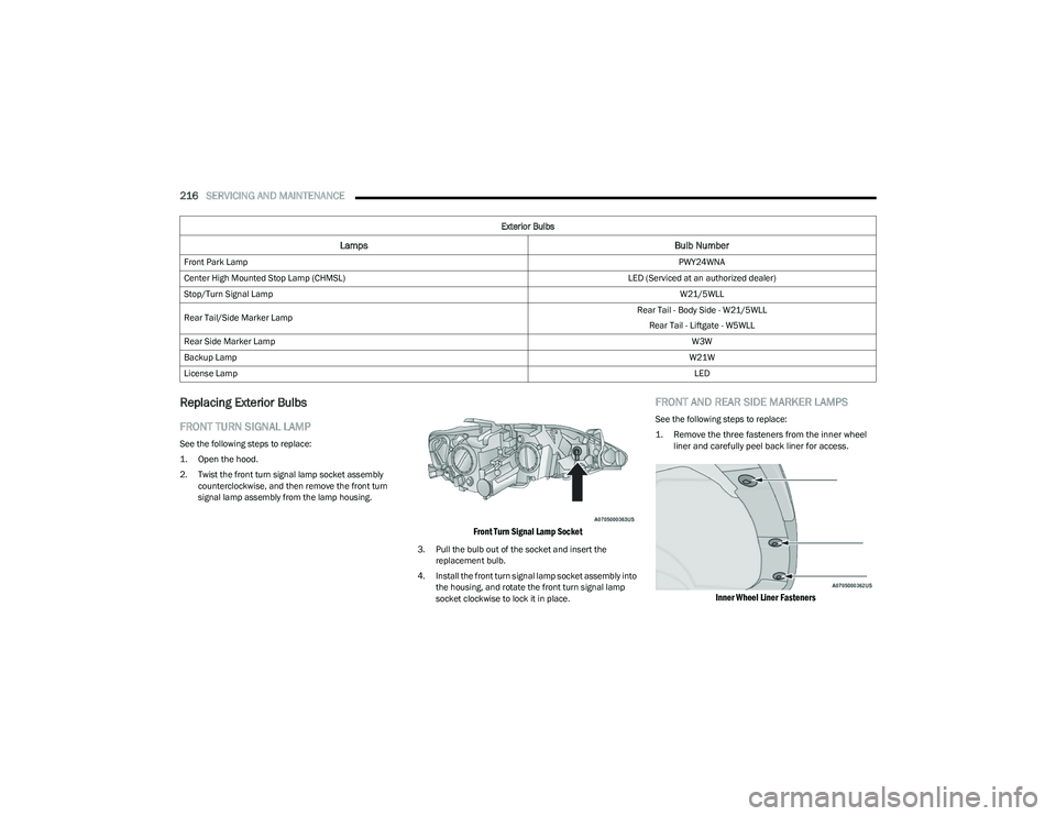 CHRYSLER VOYAGER 2023 Owners Manual
216SERVICING AND MAINTENANCE
Replacing Exterior Bulbs
FRONT TURN SIGNAL LAMP
See the following steps to replace:
1. Open the hood.
2. Twist the front turn signal lamp socket assembly
countercl CHRYSLER VOYAGER 2023 Owners Manual
216SERVICING AND MAINTENANCE
Replacing Exterior Bulbs
FRONT TURN SIGNAL LAMP
See the following steps to replace:
1. Open the hood.
2. Twist the front turn signal lamp socket assembly
countercl
