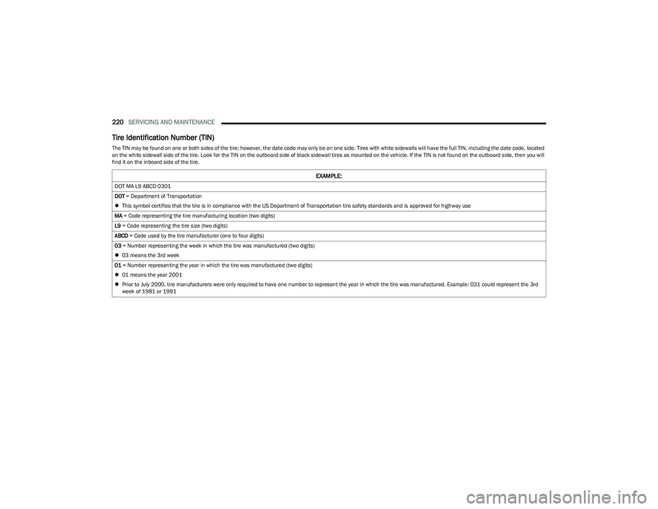 CHRYSLER VOYAGER 2023 Owners Manual
220SERVICING AND MAINTENANCE
Tire Identification Number (TIN)
The TIN may be found on one or both sides of the tire; however, the date code may only be on one side. Tires with white sidewalls will CHRYSLER VOYAGER 2023 Owners Manual
220SERVICING AND MAINTENANCE
Tire Identification Number (TIN)
The TIN may be found on one or both sides of the tire; however, the date code may only be on one side. Tires with white sidewalls will
