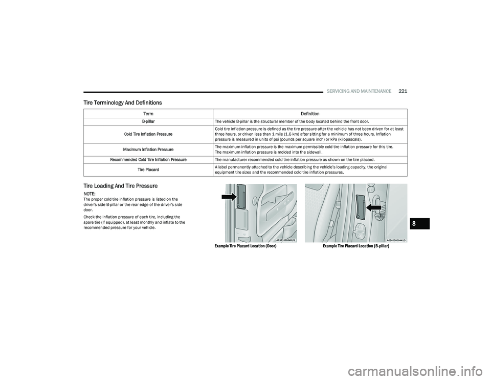 CHRYSLER VOYAGER 2023 Owners Manual
SERVICING AND MAINTENANCE221
Tire Terminology And Definitions
Tire Loading And Tire Pressure
NOTE:The proper cold tire inflation pressure is listed on the
driver’s side B-pillar or the rear edg CHRYSLER VOYAGER 2023 Owners Manual
SERVICING AND MAINTENANCE221
Tire Terminology And Definitions
Tire Loading And Tire Pressure
NOTE:The proper cold tire inflation pressure is listed on the
driver’s side B-pillar or the rear edg
