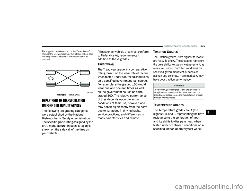 CHRYSLER VOYAGER 2023 Owners Manual
SERVICING AND MAINTENANCE231
The suggested rotation method is the “forward cross”
shown in the following diagram. This rotation pattern does
not apply to some directional tires that must not be CHRYSLER VOYAGER 2023 Owners Manual
SERVICING AND MAINTENANCE231
The suggested rotation method is the “forward cross”
shown in the following diagram. This rotation pattern does
not apply to some directional tires that must not be