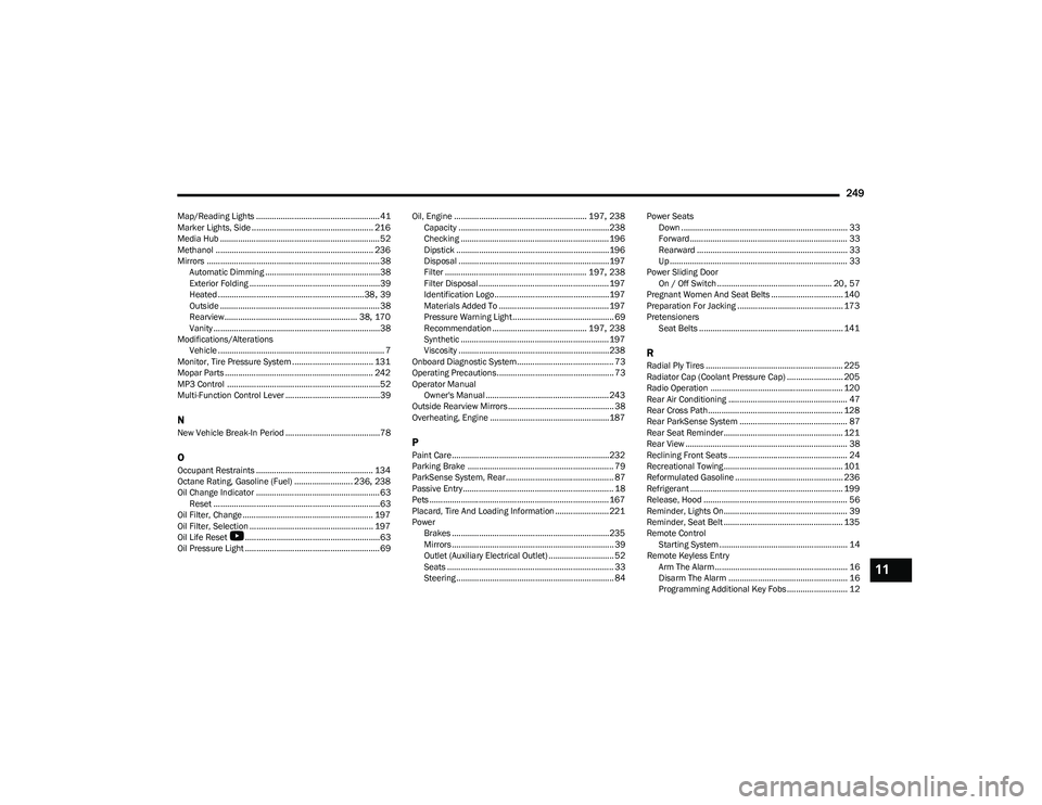 CHRYSLER VOYAGER 2023  Owners Manual 
249
Map/Reading Lights ....................................................... 41
Marker Lights, Side ...................................................... 216
Media Hub ............................