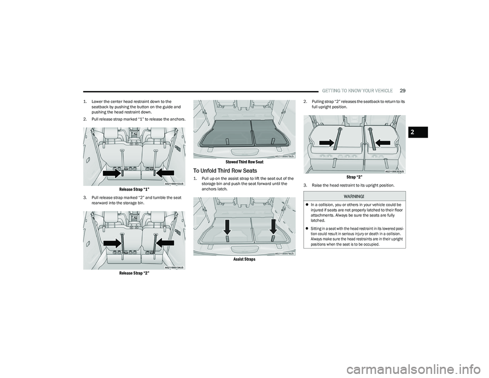 CHRYSLER VOYAGER 2023 Owners Manual
GETTING TO KNOW YOUR VEHICLE29
1. Lower the center head restraint down to the
seatback by pushing the button on the guide and
pushing the head restraint down.
2. Pull release strap marked “1” CHRYSLER VOYAGER 2023 Owners Manual
GETTING TO KNOW YOUR VEHICLE29
1. Lower the center head restraint down to the
seatback by pushing the button on the guide and
pushing the head restraint down.
2. Pull release strap marked “1”