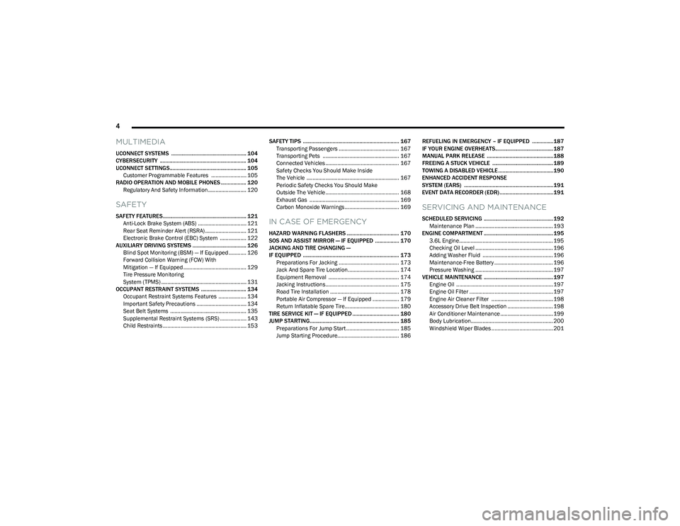CHRYSLER VOYAGER 2023 Owners Manual
4
MULTIMEDIA
UCONNECT SYSTEMS ..................................................... 104
CYBERSECURITY ............................................................. 104
UCONNECT SETTINGS........... CHRYSLER VOYAGER 2023 Owners Manual
4
MULTIMEDIA
UCONNECT SYSTEMS ..................................................... 104
CYBERSECURITY ............................................................. 104
UCONNECT SETTINGS...........