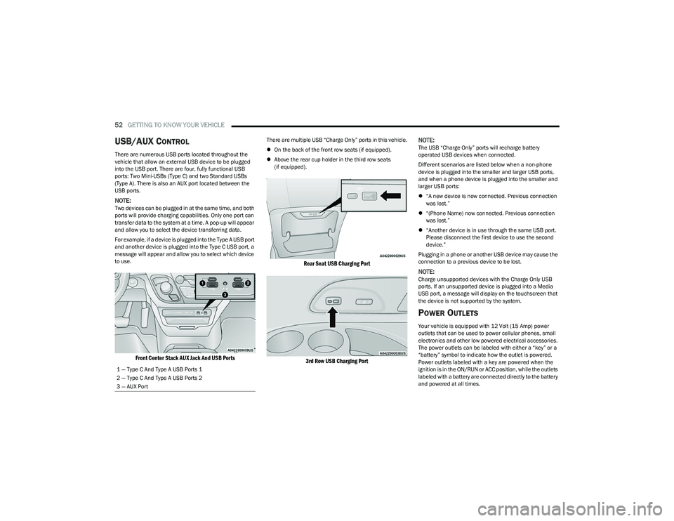 CHRYSLER VOYAGER 2023  Owners Manual 
52GETTING TO KNOW YOUR VEHICLE  
USB/AUX CONTROL     
There are numerous USB ports located throughout the 
vehicle that allow an external USB device to be plugged 
into the USB port. There are four, 