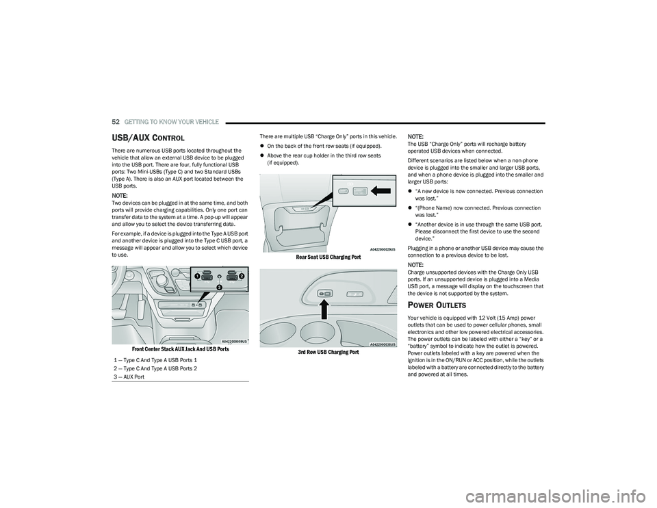 CHRYSLER VOYAGER 2023 Owners Manual
52GETTING TO KNOW YOUR VEHICLE
USB/AUX CONTROL
There are numerous USB ports located throughout the
vehicle that allow an external USB device to be plugged
into the USB port. There are four, CHRYSLER VOYAGER 2023 Owners Manual
52GETTING TO KNOW YOUR VEHICLE
USB/AUX CONTROL
There are numerous USB ports located throughout the
vehicle that allow an external USB device to be plugged
into the USB port. There are four,