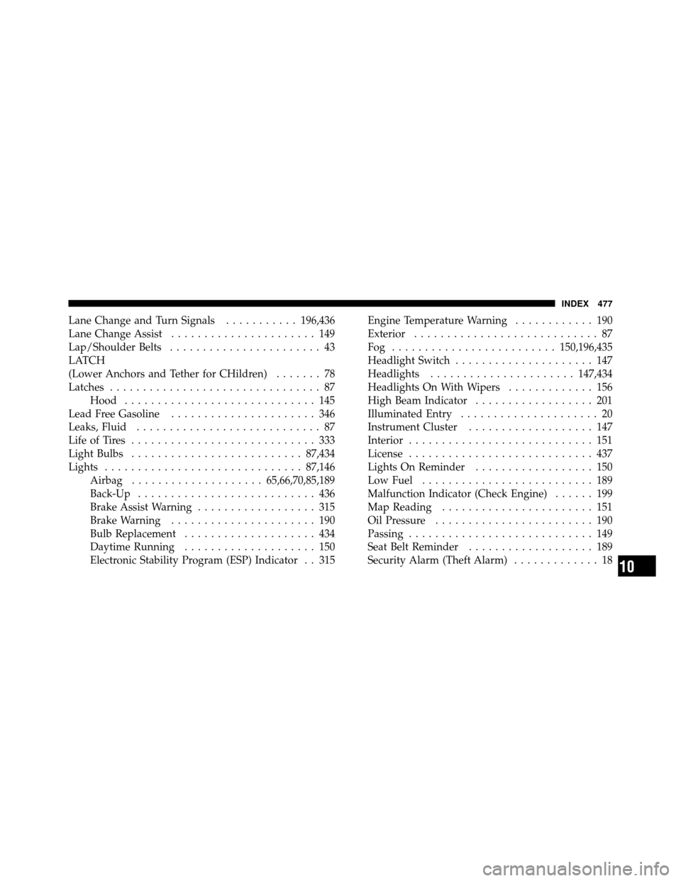 CHRYSLER 200 2011 1.G Owners Manual Lane Change and Turn Signals...........196,436
Lane Change Assist ...................... 149
Lap/Shoulder Belts ....................... 43
LATCH
(Lower Anchors and Tether for CHildren) ....... 78
Latc