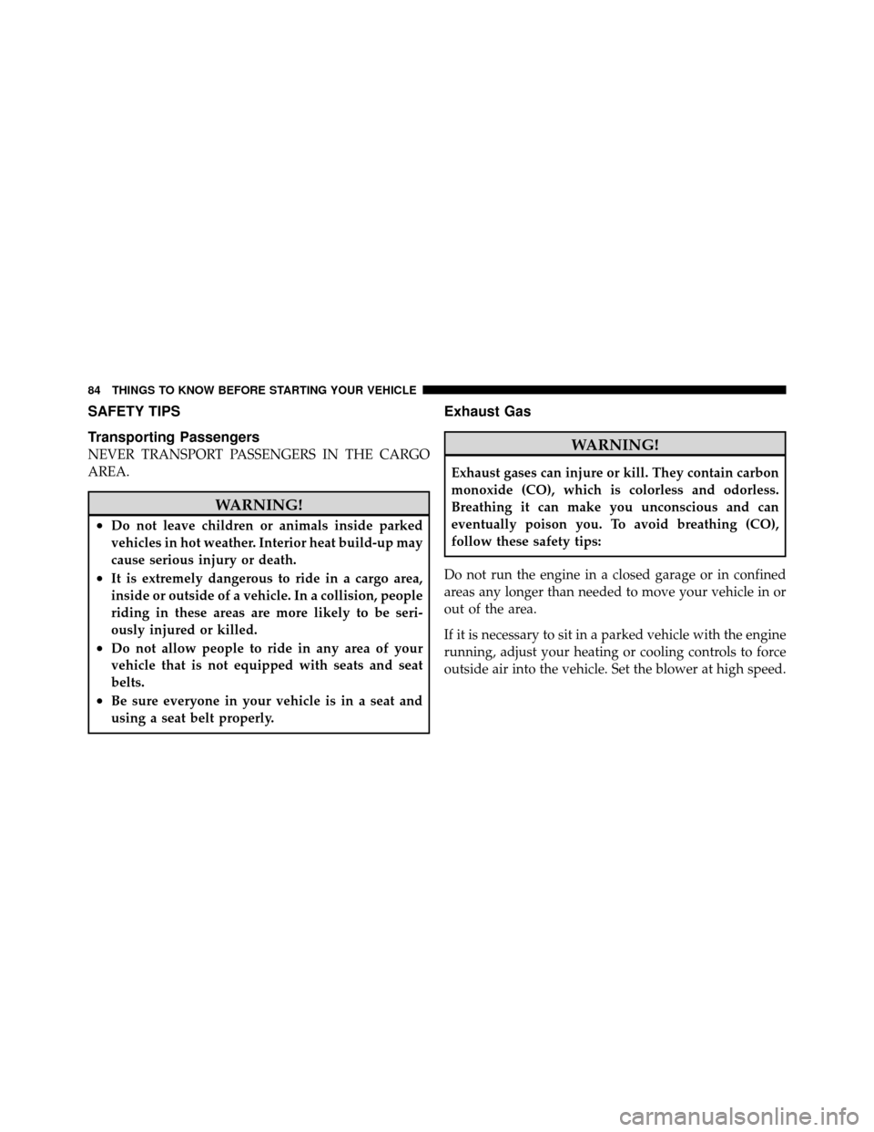 CHRYSLER 200 2011 1.G Owners Guide SAFETY TIPS
Transporting Passengers
NEVER TRANSPORT PASSENGERS IN THE CARGO
AREA.
WARNING!
•Do not leave children or animals inside parked
vehicles in hot weather. Interior heat build-up may
cause s