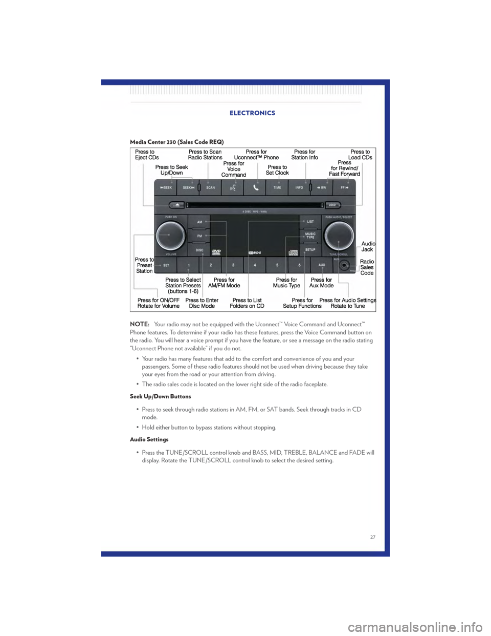 CHRYSLER 200 2011 1.G User Guide Media Center 230 (Sales Code REQ)
NOTE:Your radio may not be equipped with the Uconnect™ Voice Command and Uconnect™
Phone features. To determine if your radio has these features, press the Voice 