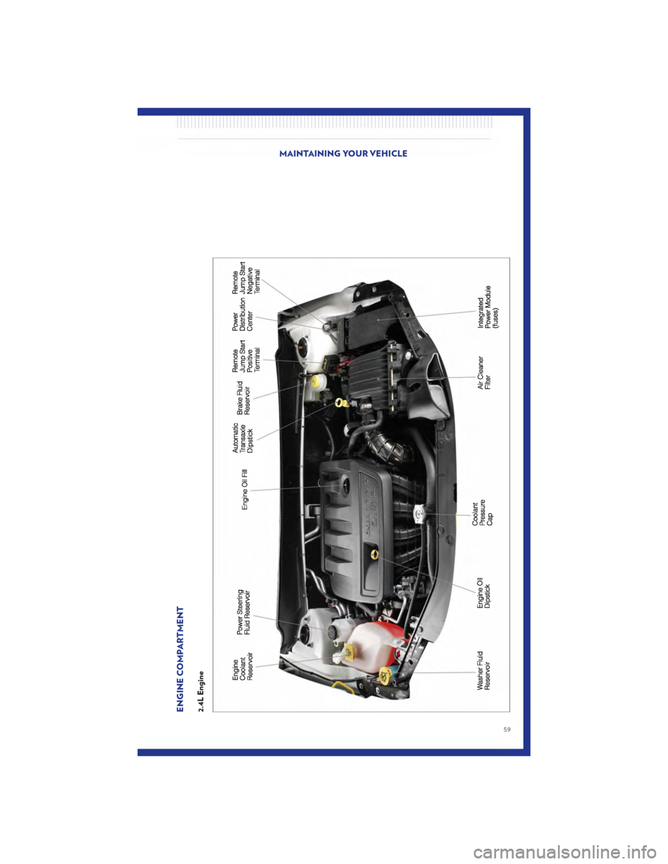 CHRYSLER 200 2011 1.G Owners Manual ENGINE COMPARTMENT2.4L Engine
MAINTAINING YOUR VEHICLE
59 