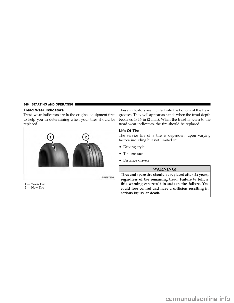 CHRYSLER 200 2012 1.G Owners Manual Tread Wear Indicators
Tread wear indicators are in the original equipment tires
to help you in determining when your tires should be
replaced.These indicators are molded into the bottom of the tread
g CHRYSLER 200 2012 1.G Owners Manual Tread Wear Indicators
Tread wear indicators are in the original equipment tires
to help you in determining when your tires should be
replaced.These indicators are molded into the bottom of the tread
g