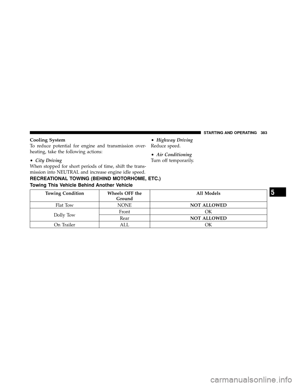 CHRYSLER 200 2012 1.G Owners Guide Cooling System
To reduce potential for engine and transmission over-
heating, take the following actions:
•City Driving
When stopped for short periods of time, shift the trans-
mission into NEUTRAL 