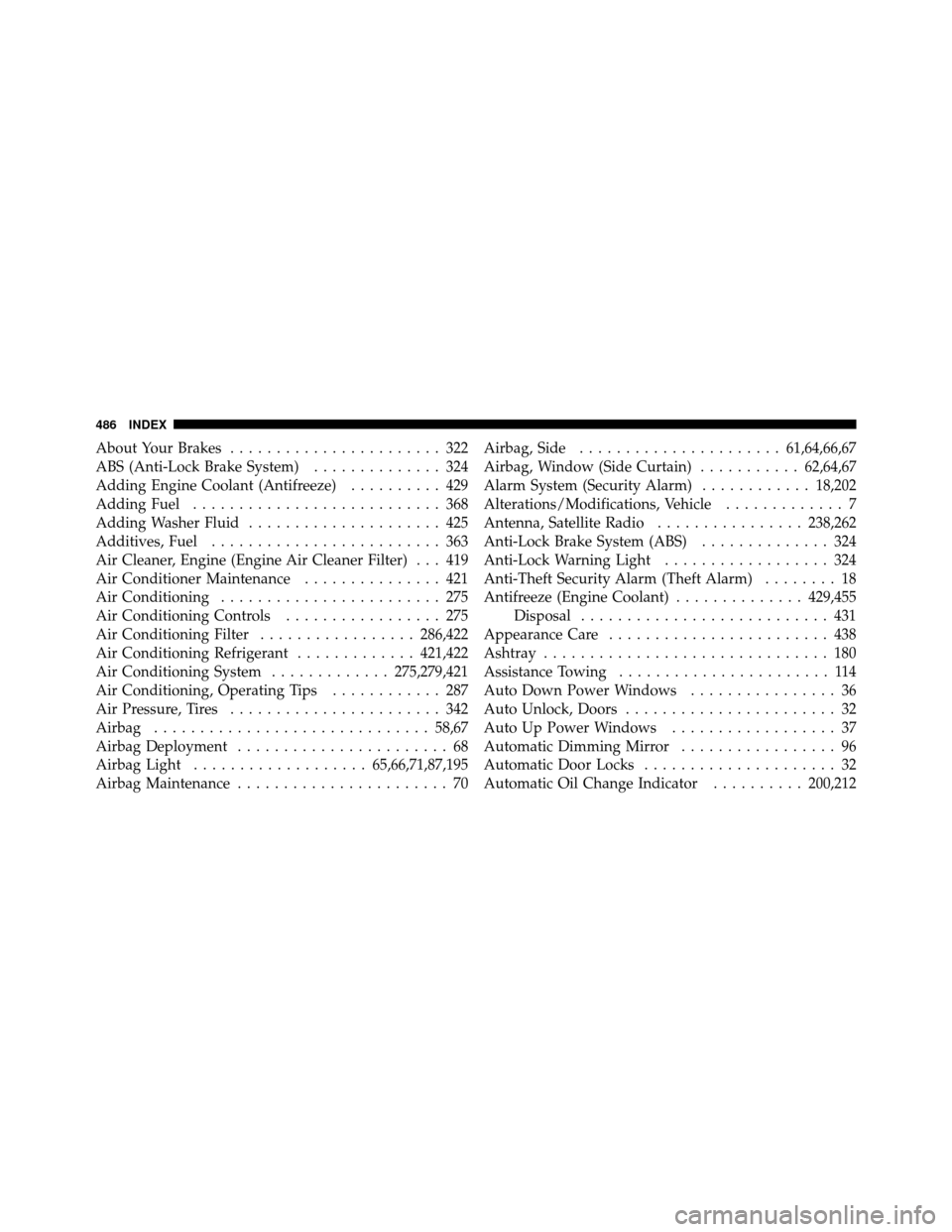 CHRYSLER 200 2012 1.G Owners Manual About Your Brakes....................... 322
ABS (Anti-Lock Brake System) .............. 324
Adding Engine Coolant (Antifreeze) .......... 429
Adding Fuel ........................... 368
Adding Washer CHRYSLER 200 2012 1.G Owners Manual About Your Brakes....................... 322
ABS (Anti-Lock Brake System) .............. 324
Adding Engine Coolant (Antifreeze) .......... 429
Adding Fuel ........................... 368
Adding Washer