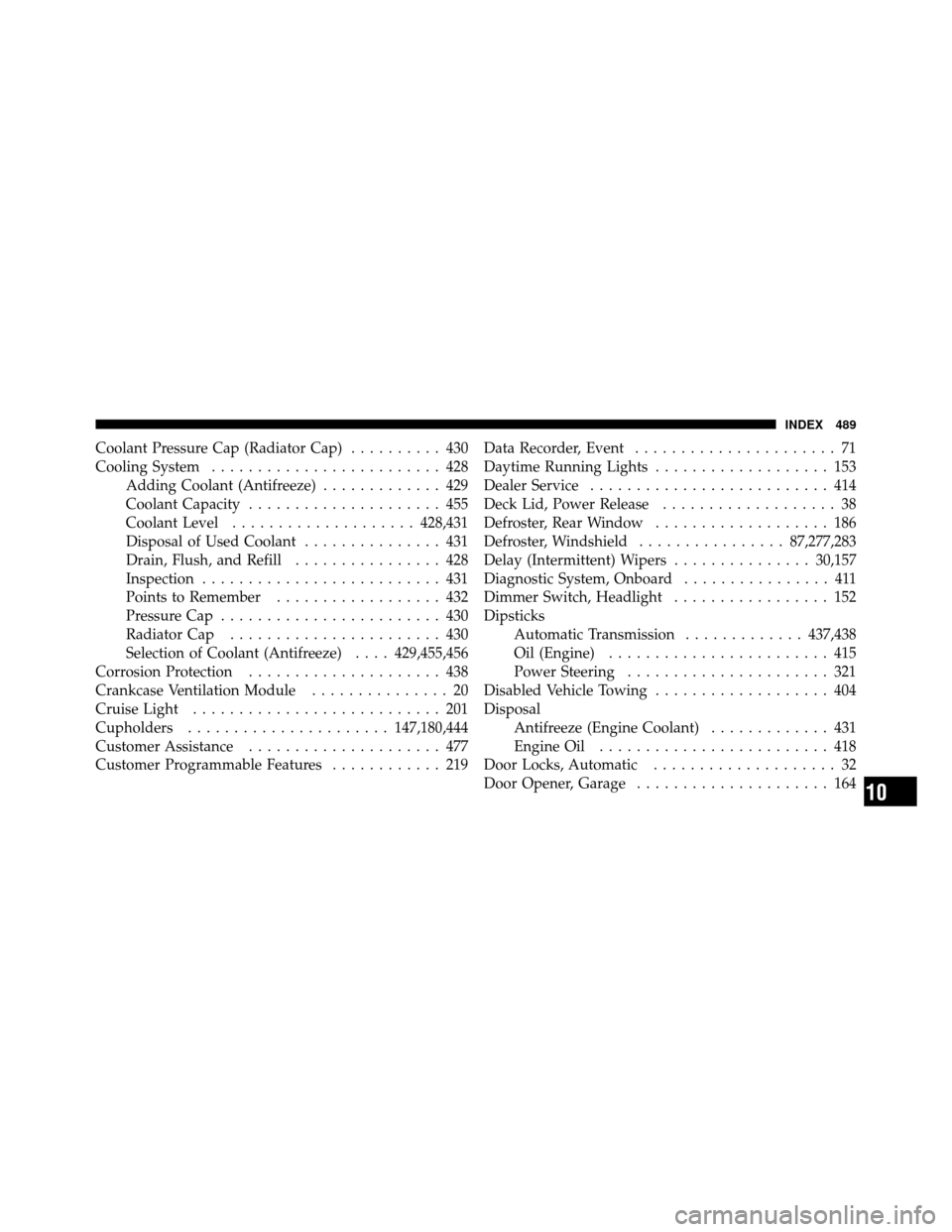 CHRYSLER 200 2012 1.G Owners Guide Coolant Pressure Cap (Radiator Cap).......... 430
Cooling System ......................... 428
Adding Coolant (Antifreeze) ............. 429
Coolant Capacity ..................... 455
Coolant Level ..