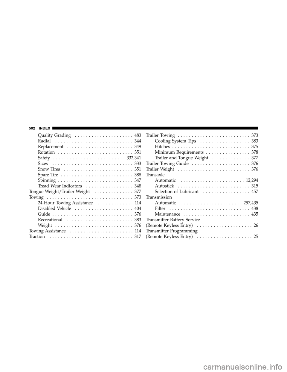 CHRYSLER 200 2012 1.G User Guide Quality Grading..................... 483
Radial ............................ 344
Replacement ........................ 349
Rotation ........................... 351
Safety .......................... 332