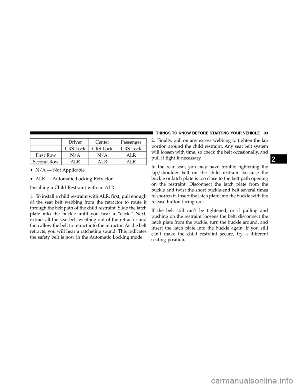 CHRYSLER 200 2012 1.G Owners Manual Driver Center Passenger
CRS Lock CRS Lock CRS Lock
First Row N/A N/A ALR
Second Row ALR ALR ALR
•N/A — Not Applicable
•ALR — Automatic Locking Retractor
Installing a Child Restraint with an AL