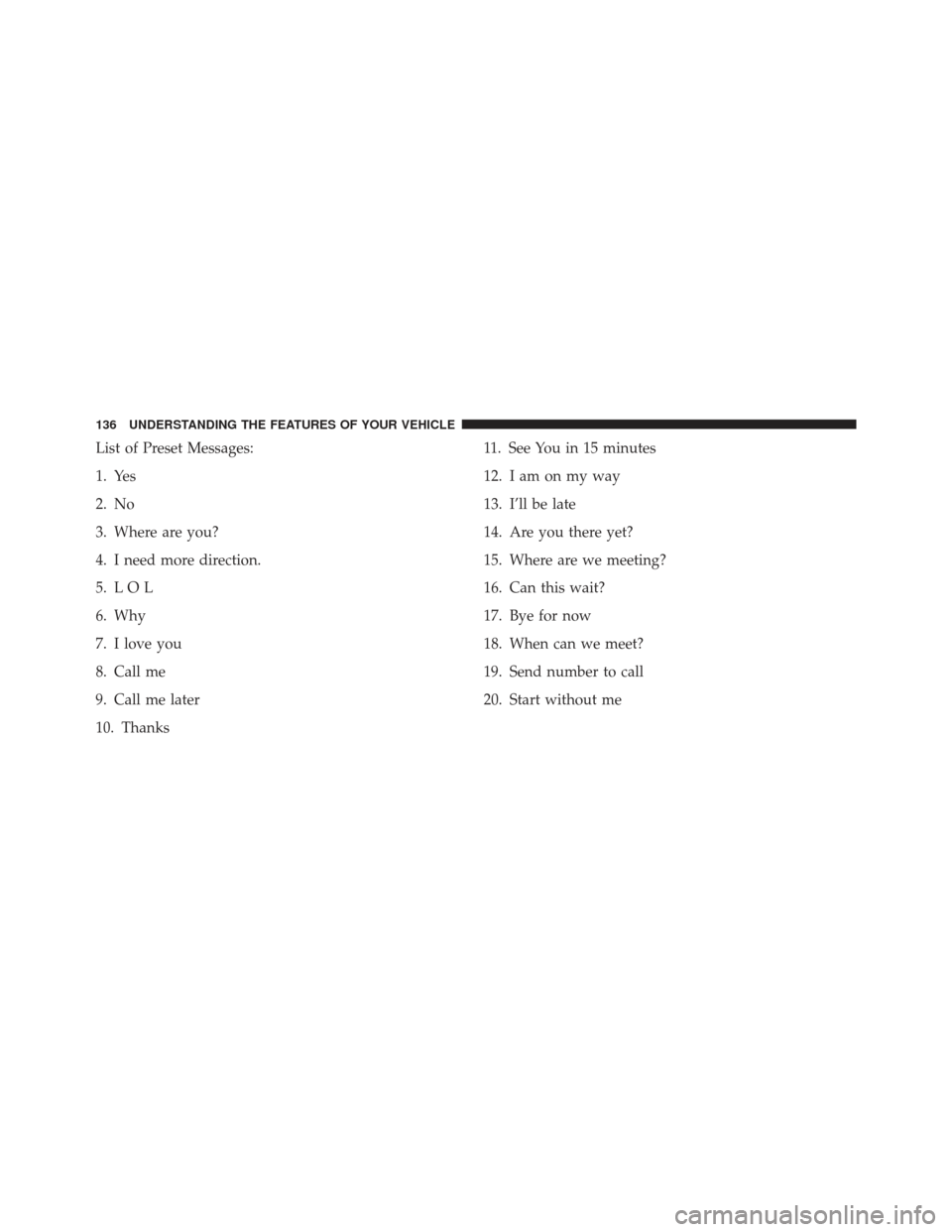 CHRYSLER 200 2013 1.G Owners Manual List of Preset Messages:
1. Yes
2. No
3. Where are you?
4. I need more direction.
5. L O L
6. Why
7. I love you
8. Call me
9. Call me later
10. Thanks11. See You in 15 minutes
12. I am on my way
13. I CHRYSLER 200 2013 1.G Owners Manual List of Preset Messages:
1. Yes
2. No
3. Where are you?
4. I need more direction.
5. L O L
6. Why
7. I love you
8. Call me
9. Call me later
10. Thanks11. See You in 15 minutes
12. I am on my way
13. I