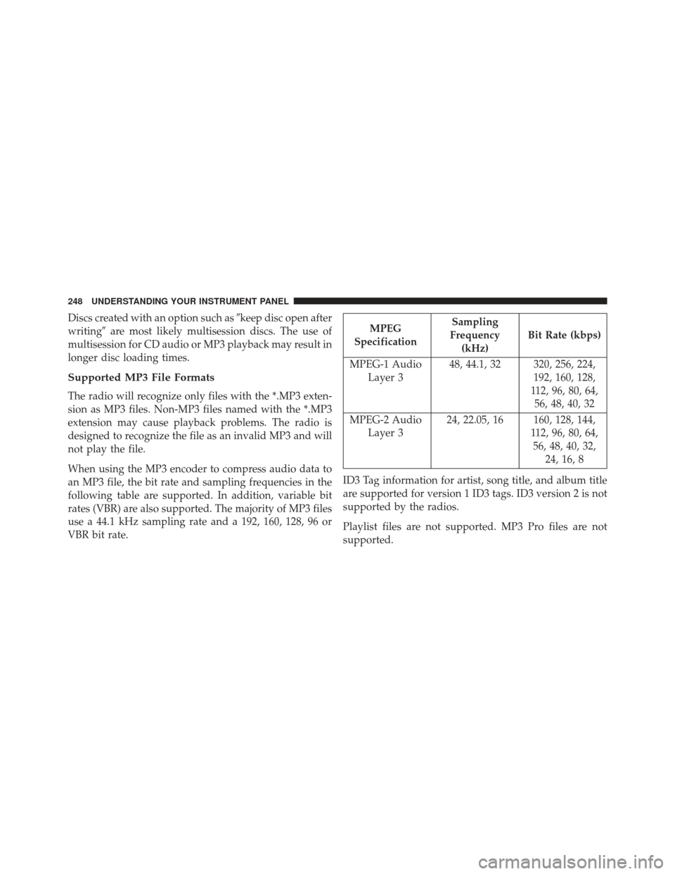 CHRYSLER 200 2013 1.G Owners Manual Discs created with an option such askeep disc open after
writing are most likely multisession discs. The use of
multisession for CD audio or MP3 playback may result in
longer disc loading times.
Sup