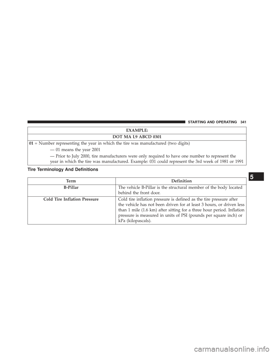 CHRYSLER 200 2013 1.G Owners Manual EXAMPLE:
DOT MA L9 ABCD 0301
01 = Number representing the year in which the tire was manufactured (two digits)
— 01 means the year 2001
— Prior to July 2000, tire manufacturers were only required CHRYSLER 200 2013 1.G Owners Manual EXAMPLE:
DOT MA L9 ABCD 0301
01 = Number representing the year in which the tire was manufactured (two digits)
— 01 means the year 2001
— Prior to July 2000, tire manufacturers were only required