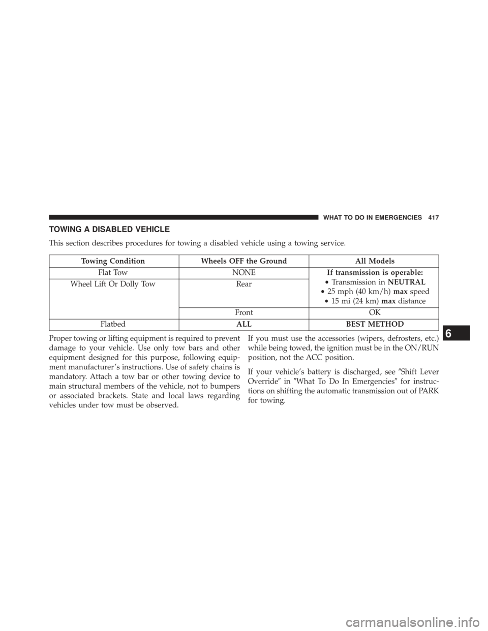 CHRYSLER 200 2013 1.G Owners Manual TOWING A DISABLED VEHICLE
This section describes procedures for towing a disabled vehicle using a towing service.
Towing ConditionWheels OFF the Ground All Models
Flat Tow NONEIf transmission is opera CHRYSLER 200 2013 1.G Owners Manual TOWING A DISABLED VEHICLE
This section describes procedures for towing a disabled vehicle using a towing service.
Towing ConditionWheels OFF the Ground All Models
Flat Tow NONEIf transmission is opera
