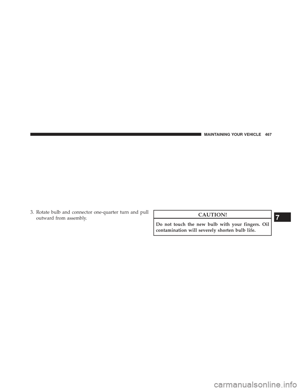 CHRYSLER 200 2013 1.G User Guide 3. Rotate bulb and connector one-quarter turn and pulloutward from assembly.CAUTION!
Do not touch the new bulb with your fingers. Oil
contamination will severely shorten bulb life.
7
MAINTAINING YOUR 