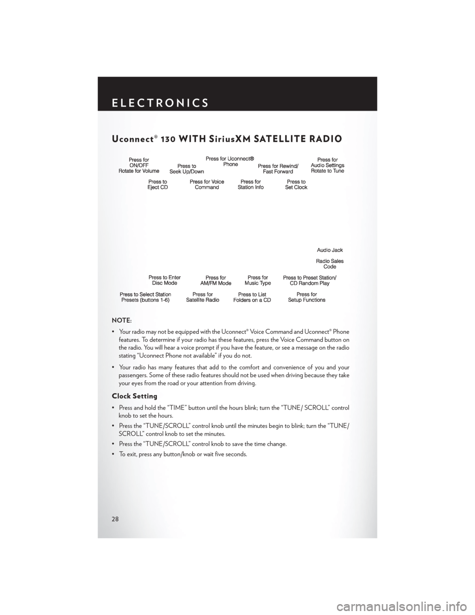 CHRYSLER 200 2013 1.G User Guide Uconnect® 130 WITH SiriusXM SATELLITE RADIO
NOTE:
• Your radio may not be equipped with the Uconnect® Voice Command and Uconnect® Phonefeatures. To determine if your radio has these features, pre