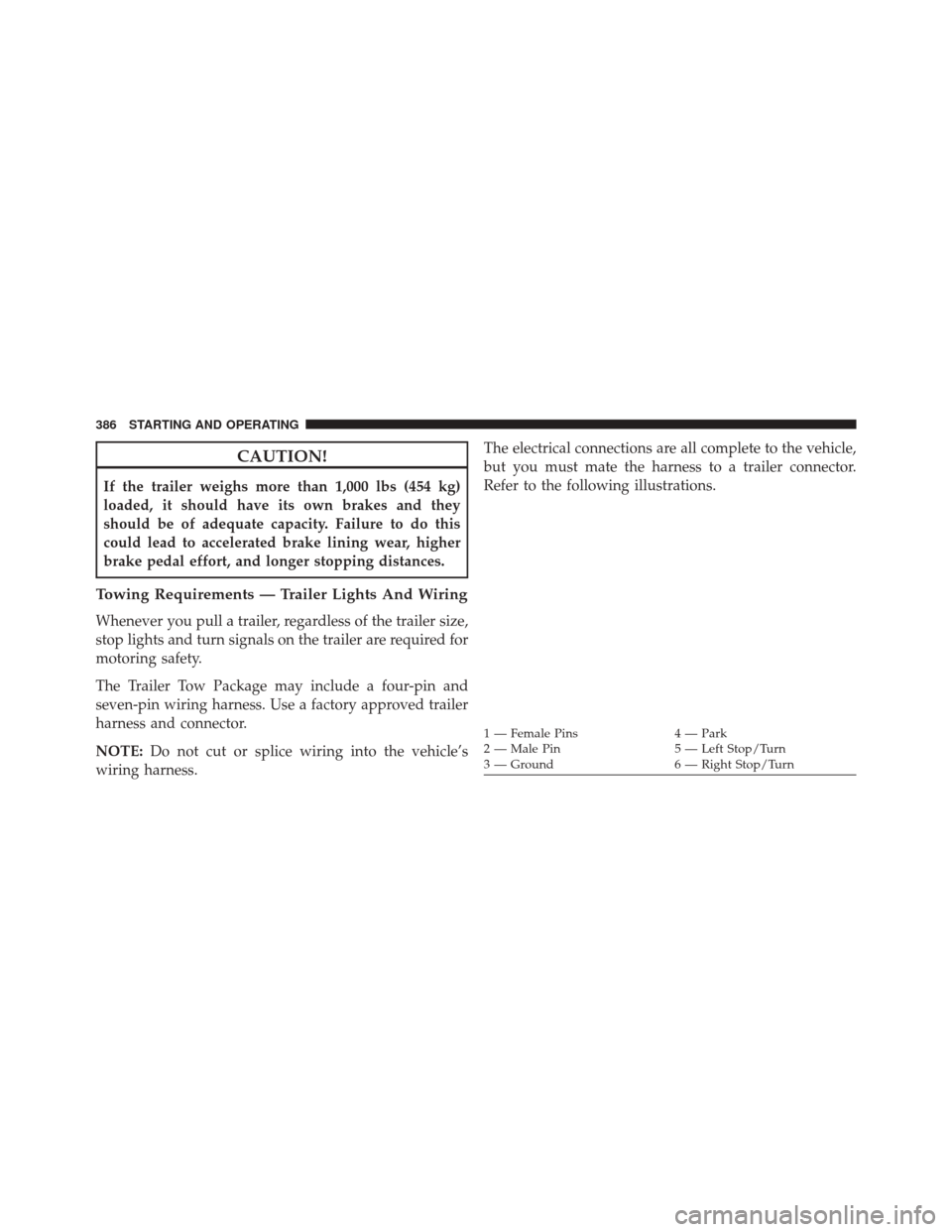 CHRYSLER 200 2014 1.G Owners Manual CAUTION!
If the trailer weighs more than 1,000 lbs (454 kg)
loaded, it should have its own brakes and they
should be of adequate capacity. Failure to do this
could lead to accelerated brake lining wea