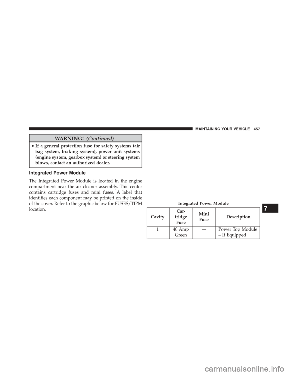 CHRYSLER 200 2014 1.G Owners Manual WARNING!(Continued)
•If a general protection fuse for safety systems (air
bag system, braking system), power unit systems
(engine system, gearbox system) or steering system
blows, contact an authori