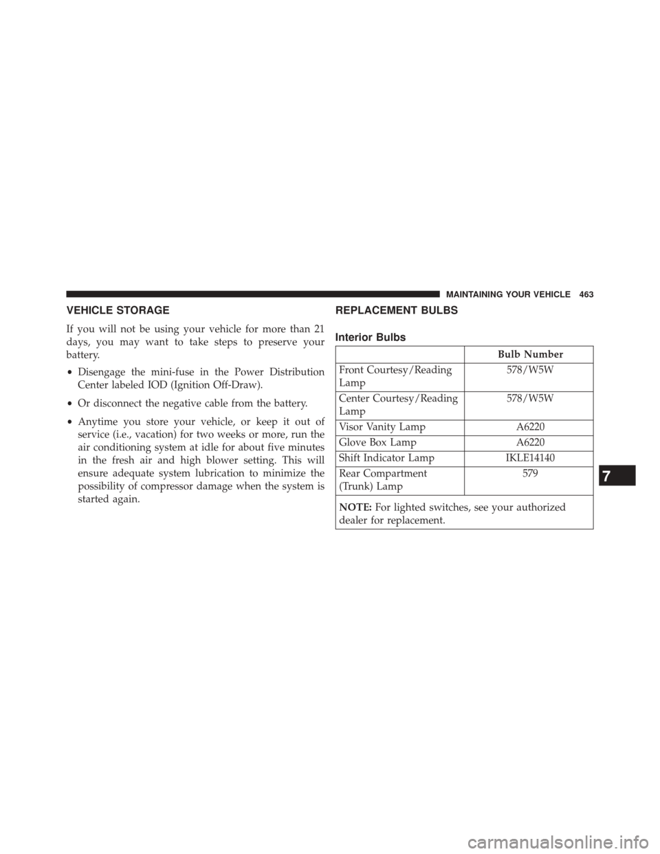 CHRYSLER 200 2014 1.G Owners Manual VEHICLE STORAGE
If you will not be using your vehicle for more than 21
days, you may want to take steps to preserve your
battery.
•Disengage the mini-fuse in the Power Distribution
Center labeled IO