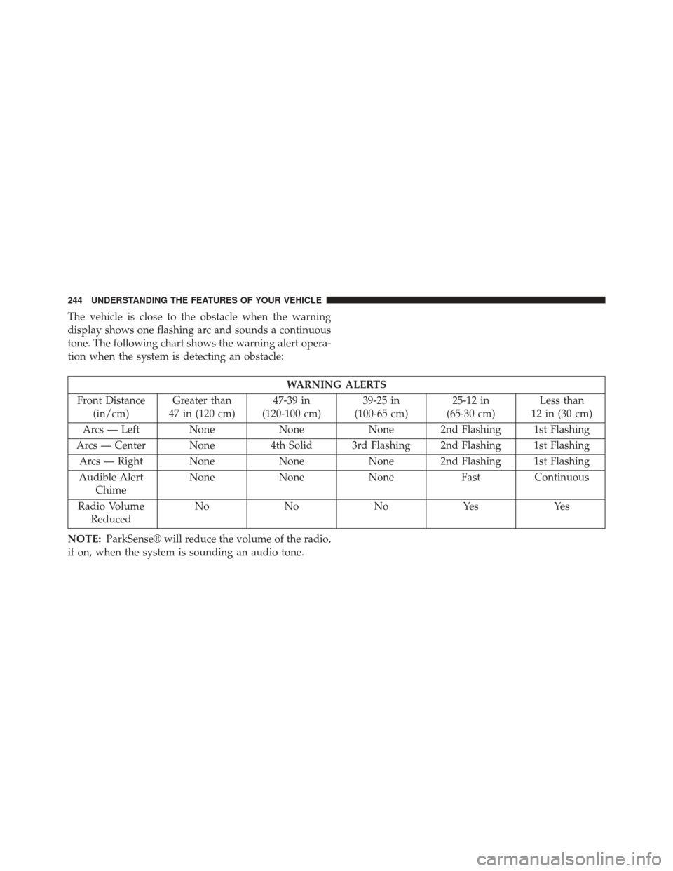 CHRYSLER 200 2015 2.G Owners Manual The vehicle is close to the obstacle when the warning
display shows one flashing arc and sounds a continuous
tone. The following chart shows the warning alert opera-
tion when the system is detecting 