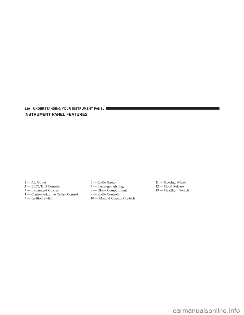 CHRYSLER 200 2015 2.G Owners Manual INSTRUMENT PANEL FEATURES
1 — Air Outlet6 — Radio Screen11 — Steering Wheel
2 — EVIC/DID Controls 7 — Passenger Air Bag12 — Hood Release
3 — Instrument Cluster 8 — Glove Compartment13 