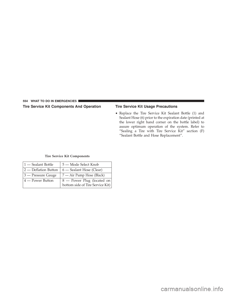 CHRYSLER 200 2015 2.G Owners Manual Tire Service Kit Components And Operation Tire Service Kit Usage Precautions
•Replace the Tire Service Kit Sealant Bottle (1) and
Sealant Hose (6) prior to the expiration date (printed at
the lower CHRYSLER 200 2015 2.G Owners Manual Tire Service Kit Components And Operation Tire Service Kit Usage Precautions
•Replace the Tire Service Kit Sealant Bottle (1) and
Sealant Hose (6) prior to the expiration date (printed at
the lower