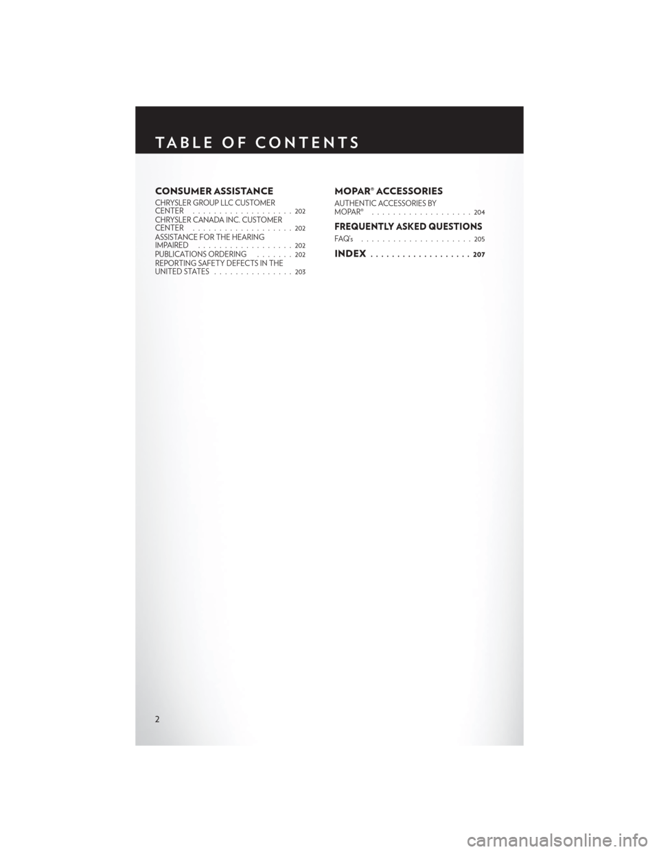 CHRYSLER 200 2015 2.G User Guide CONSUMER ASSISTANCE
CHRYSLER GROUP LLC CUSTOMER
CENTER...................202
CHRYSLER CANADA INC. CUSTOMER
CENTER ...................202
ASSISTANCE FOR THE HEARING
IMPAIRED ..................202
PUBLI