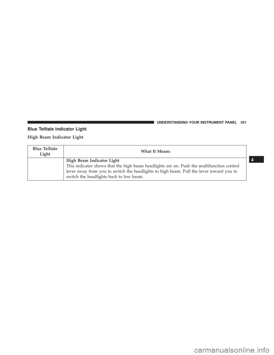 CHRYSLER 200 2016 2.G Owners Manual Blue Telltale Indicator Light
High Beam Indicator Light
Blue TelltaleLight What It Means
High Beam Indicator Light
This indicator shows that the high beam headlights are on. Push the multifunction con
