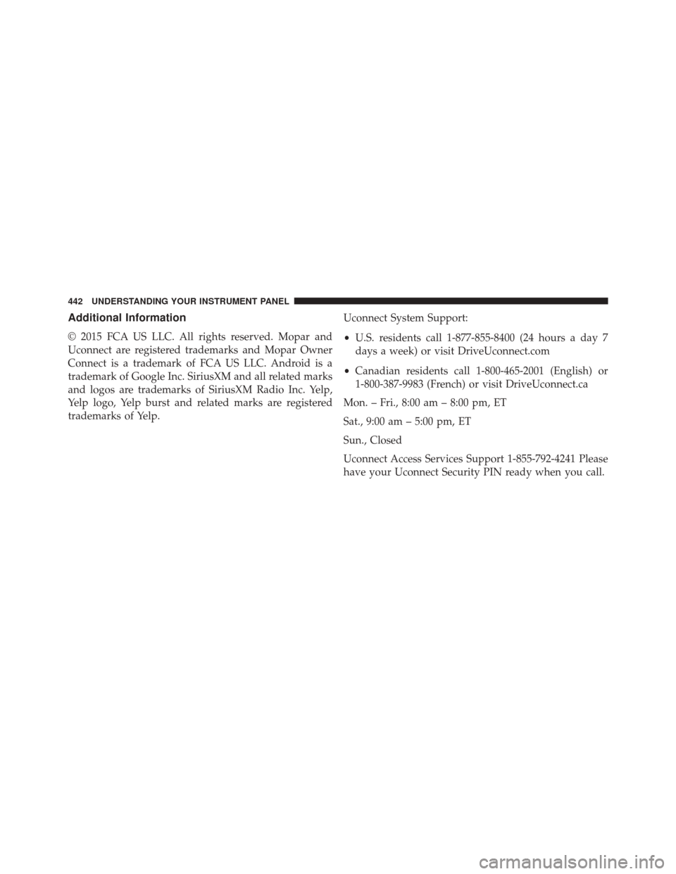 CHRYSLER 200 2016 2.G Owners Manual Additional Information
© 2015 FCA US LLC. All rights reserved. Mopar and
Uconnect are registered trademarks and Mopar Owner
Connect is a trademark of FCA US LLC. Android is a
trademark of Google Inc.