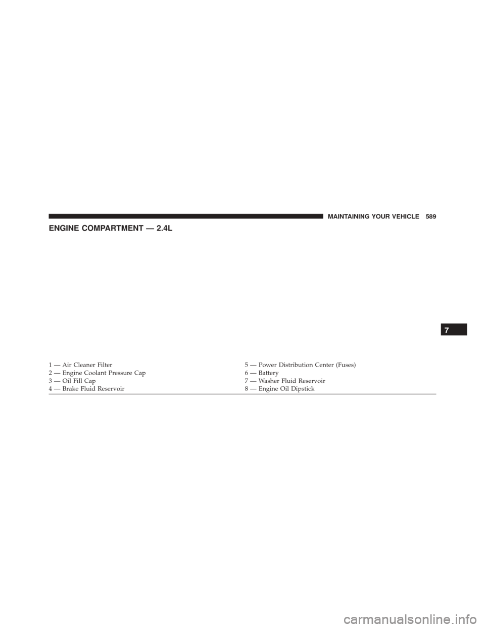 CHRYSLER 200 2016 2.G User Guide ENGINE COMPARTMENT — 2.4L
1 — Air Cleaner Filter5 — Power Distribution Center (Fuses)
2 — Engine Coolant Pressure Cap 6 — Battery
3 — Oil Fill Cap 7 — Washer Fluid Reservoir
4 — Brake 