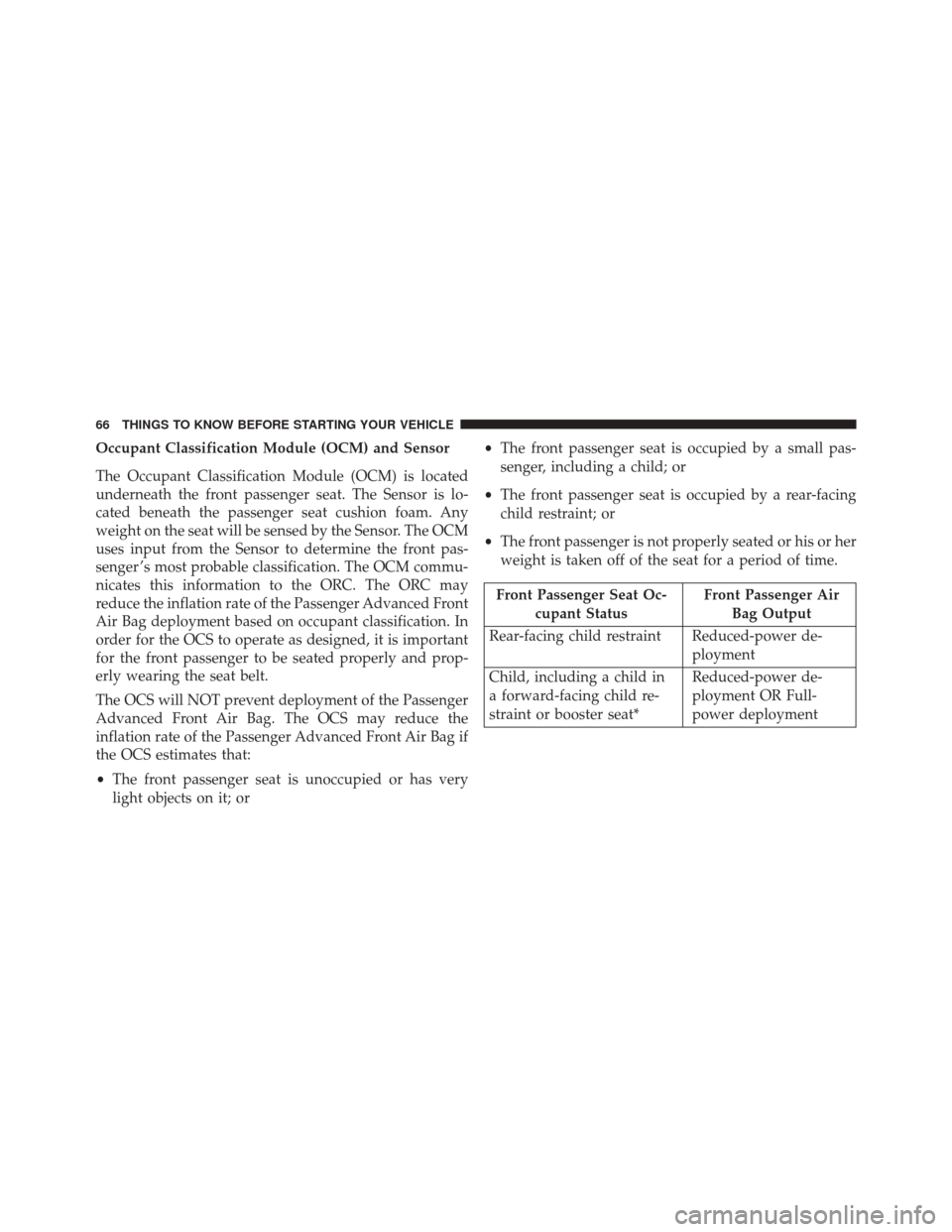 CHRYSLER 200 2016 2.G Repair Manual Occupant Classification Module (OCM) and Sensor
The Occupant Classification Module (OCM) is located
underneath the front passenger seat. The Sensor is lo-
cated beneath the passenger seat cushion foam